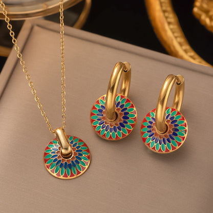 Colorful Enamel Medallion Necklace & Hoop Earrings Set