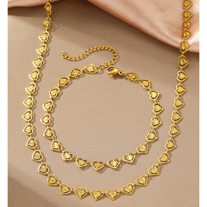 2pc Gold Heart Link Necklace & Bracelet Set