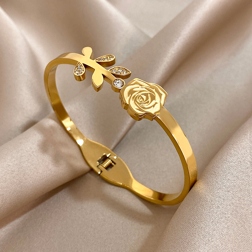 Gold Rose Stem Bangle Bracelet