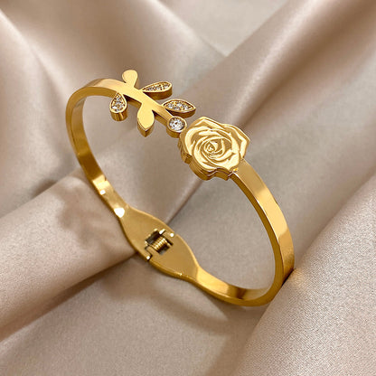 Gold Rose Stem Bangle Bracelet