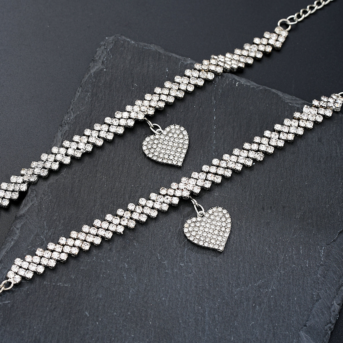 2pc Rhinestone Heart Anklet & Bracelet Set