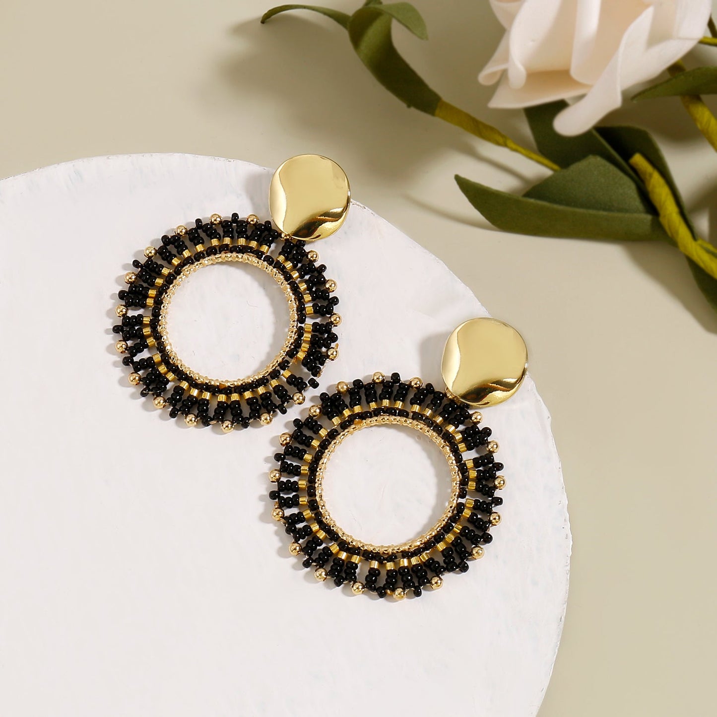 Orange Beaded Circle Drop Earrings