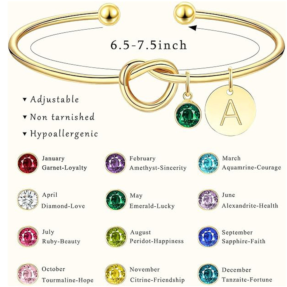 Birthstone Initial Knot Bangle Bracelet