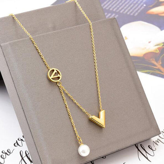 Gold V Drop Pearl Pendant Necklace