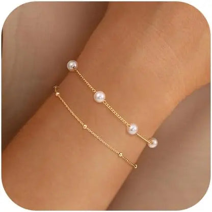 2pc Dainty Pearl & Gold Chain Bracelet Set