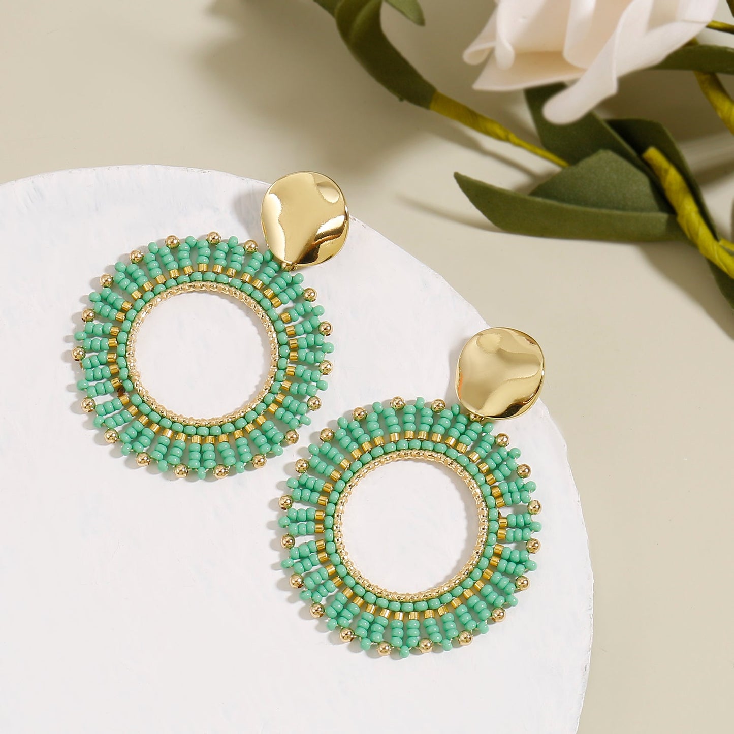 Orange Beaded Circle Drop Earrings