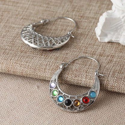 Retro Gemstone Hoop Earrings