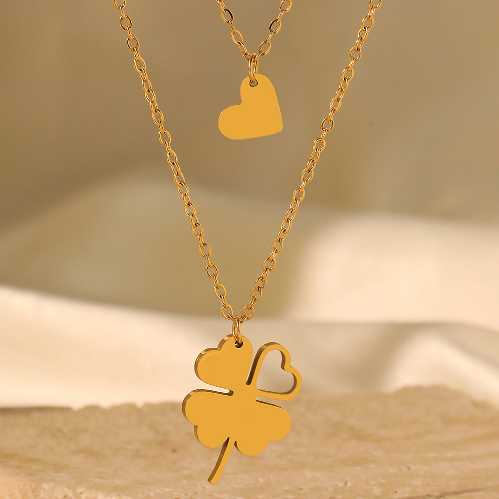2pc Gold Clover & Heart Pendant Necklace Set