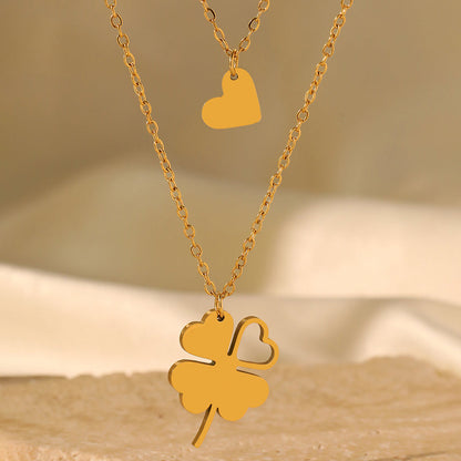 2pc Gold Clover & Heart Pendant Necklace Set