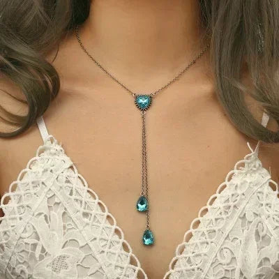 Blue Crystal Heart Long Necklace