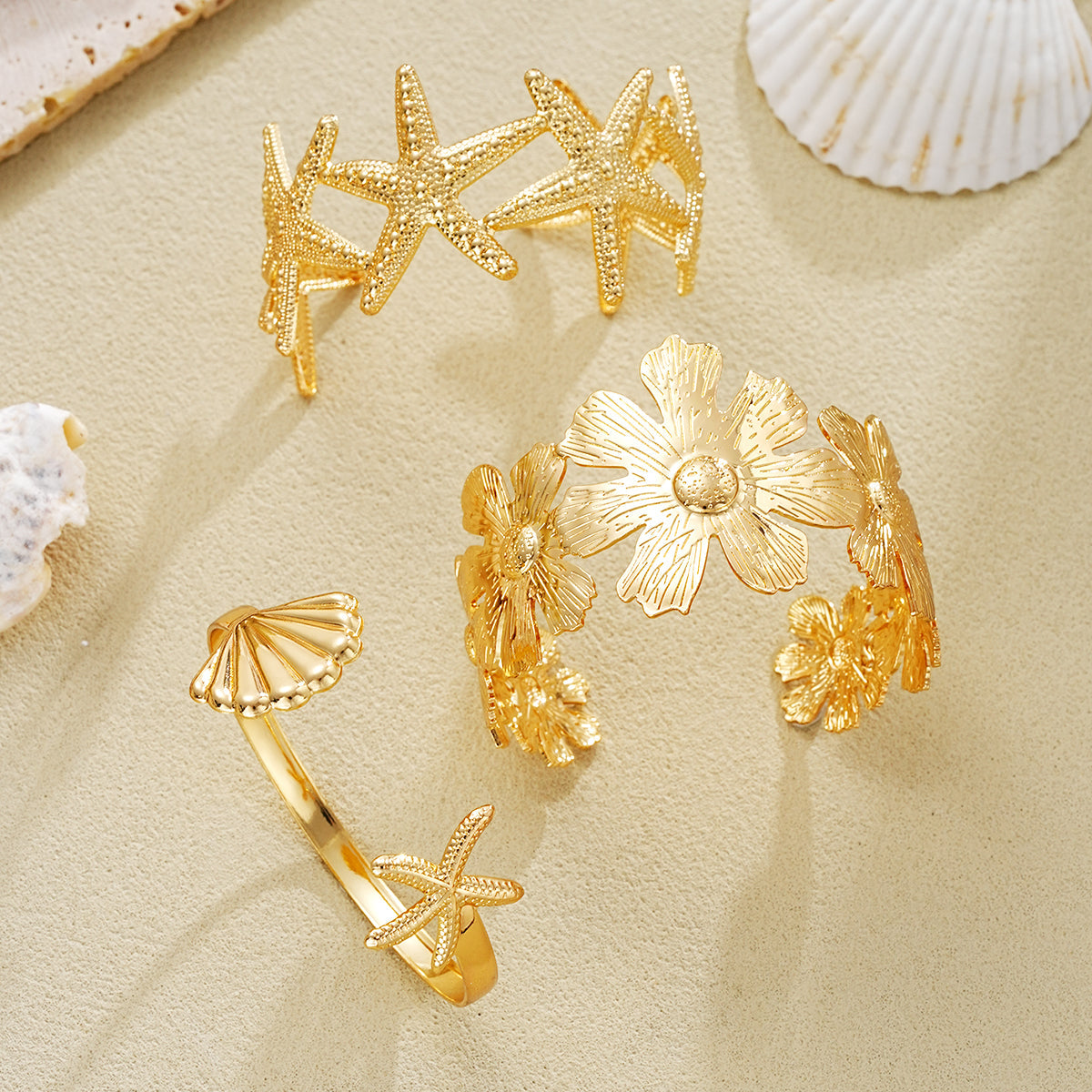 5pc Starfish & Floral Statement Cuff Set