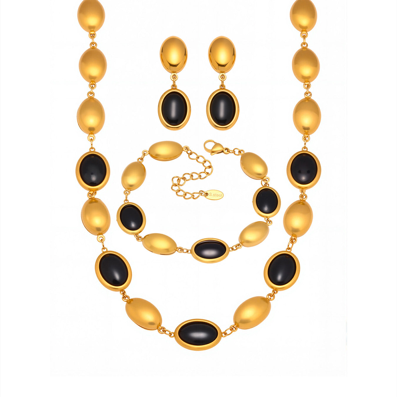 3pc Black Oval Stone Jewelry Set