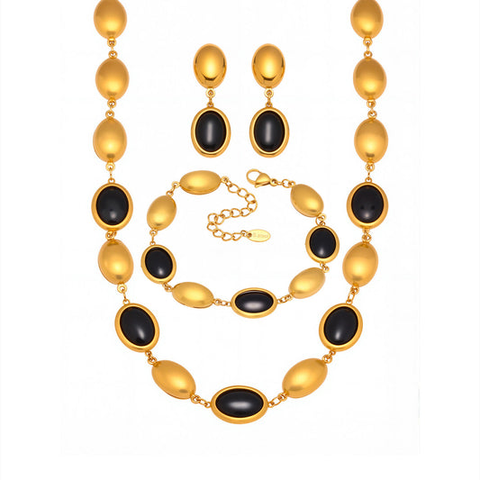 3pc Black Oval Stone Jewelry Set