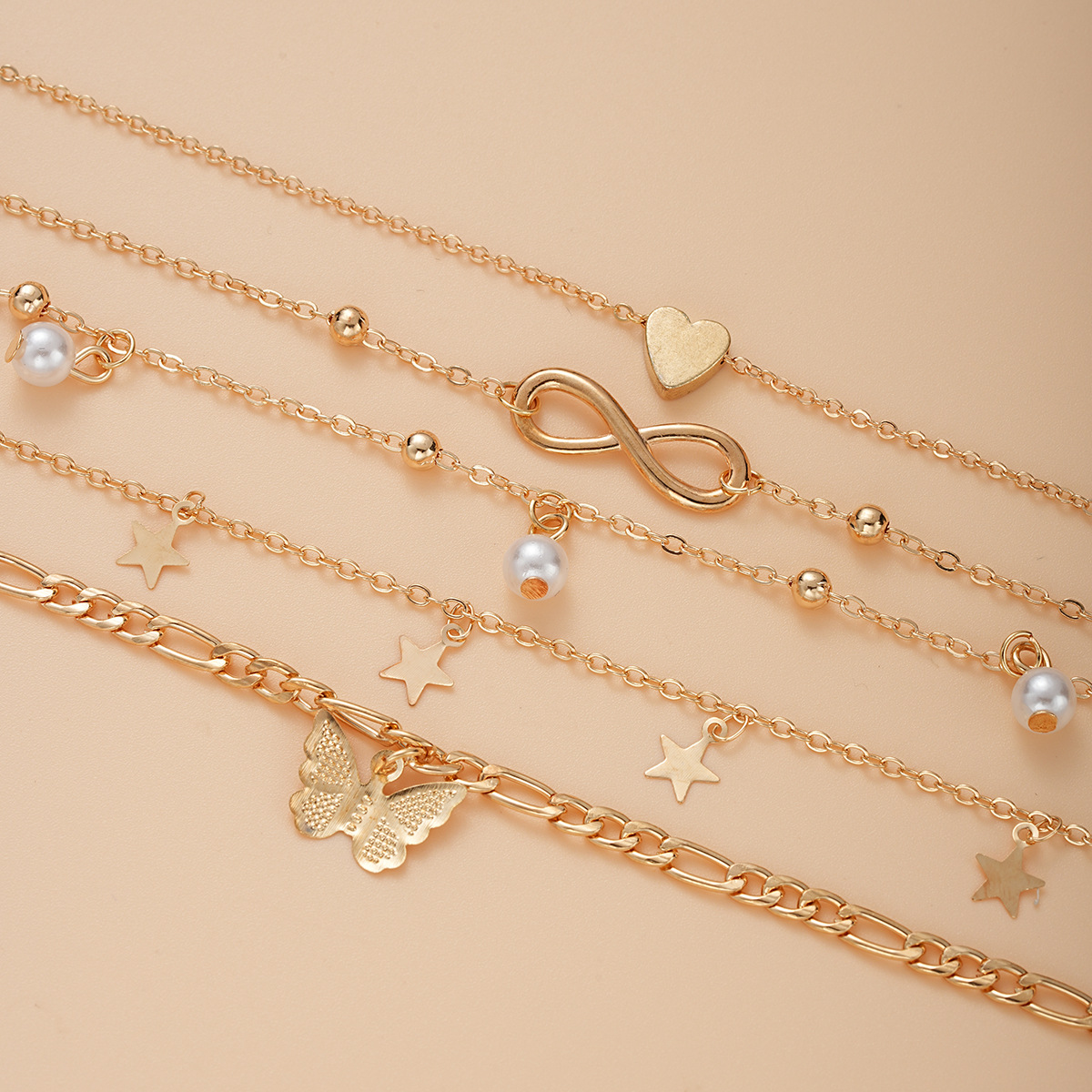 6pc Gold Charm Anklet Set