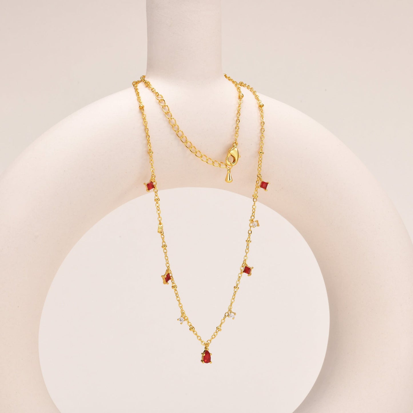 Dainty Red Gemstone Charm Necklace
