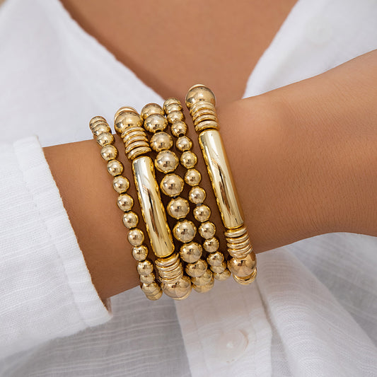 5pc Chunky Gold Beaded Bracelet Set
