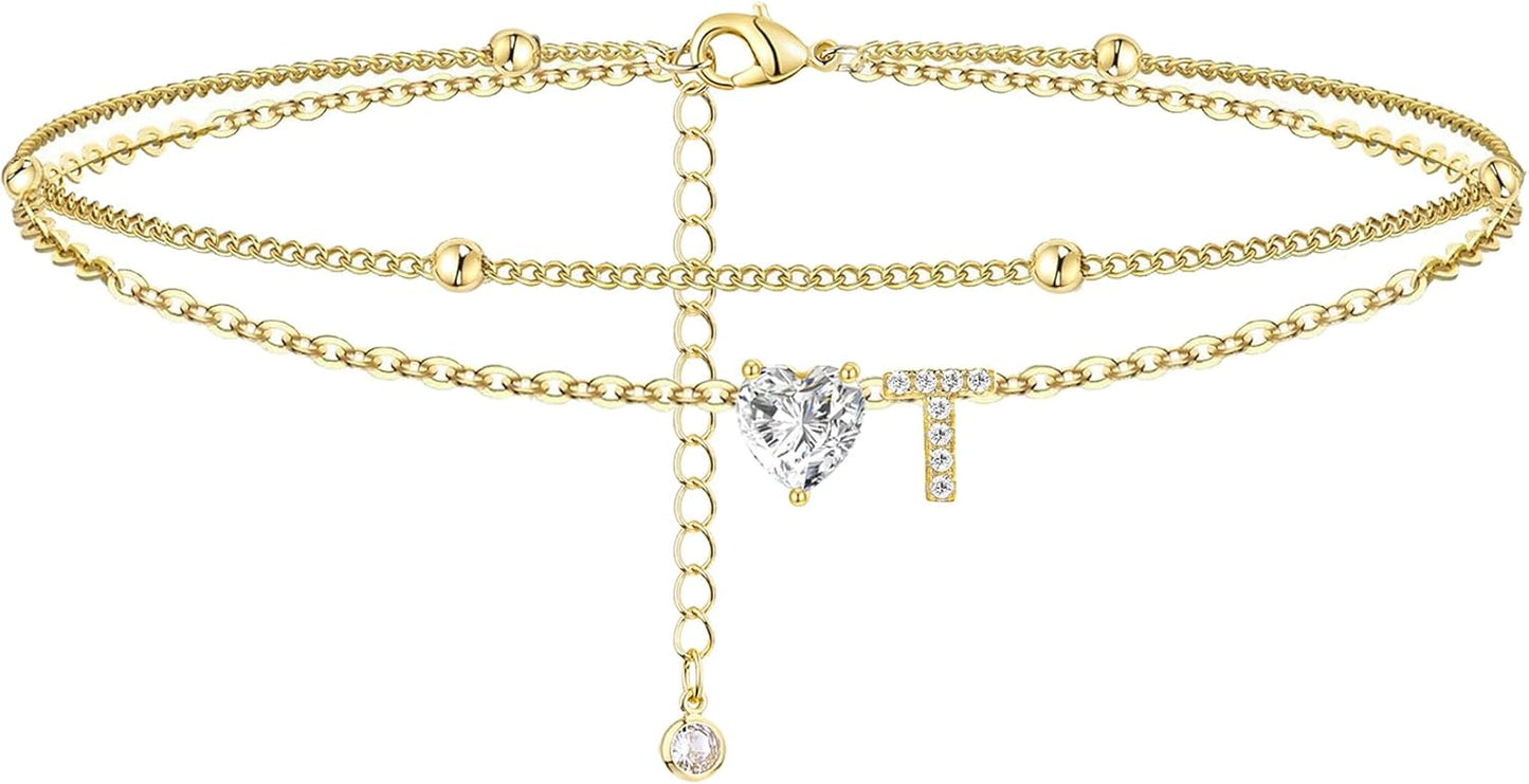 Gold Heart Charm Initial Anklet