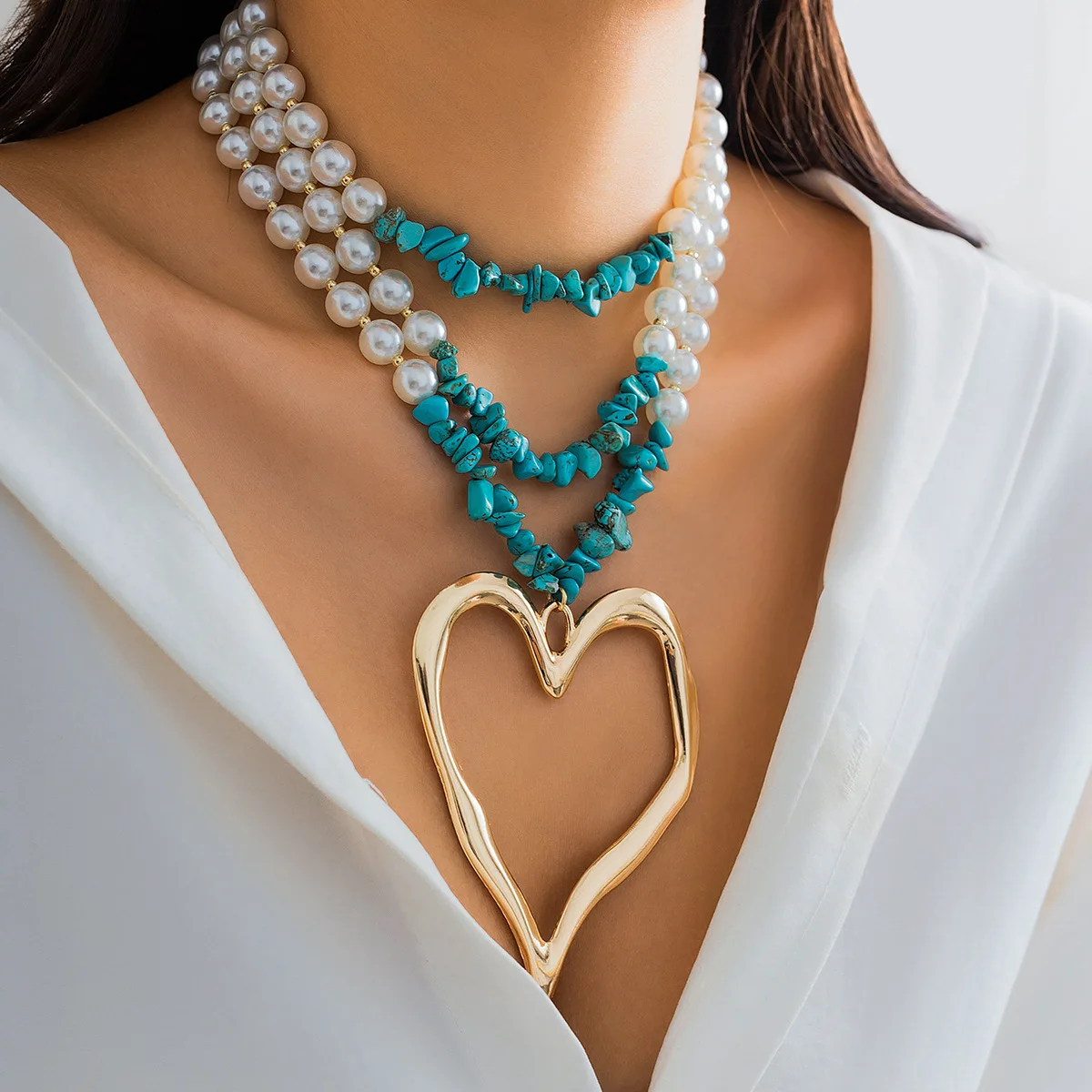 3pc Colorful Pearl Heart Shaped Layered Necklace