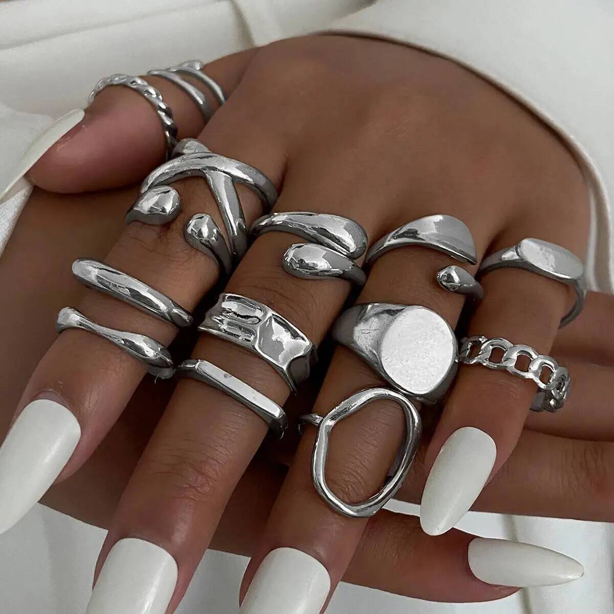 14pc Gold Punk Geometric Ring Set