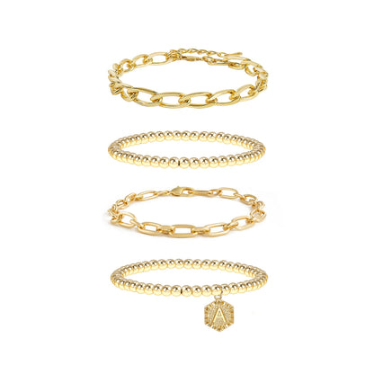 5pc Gold Beaded Chain Bracelet Set with Initial Charm