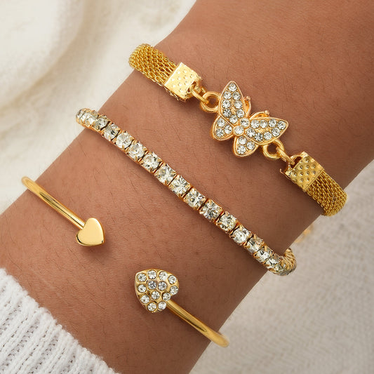 3pc Gold Butterfly & Heart Rhinestone Bracelet Set
