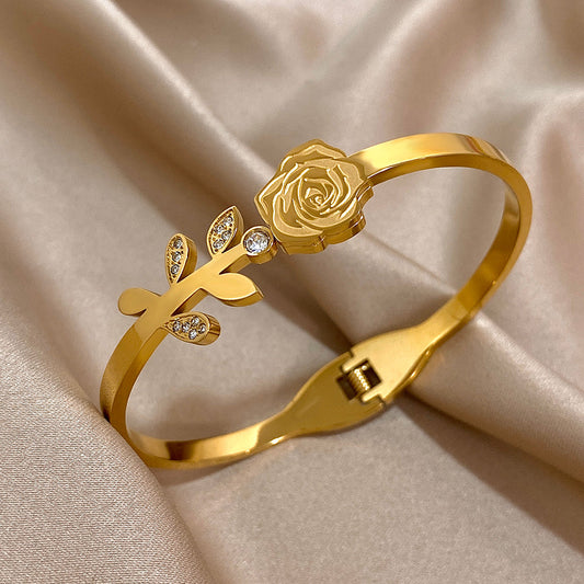 Gold Rose Stem Bangle Bracelet