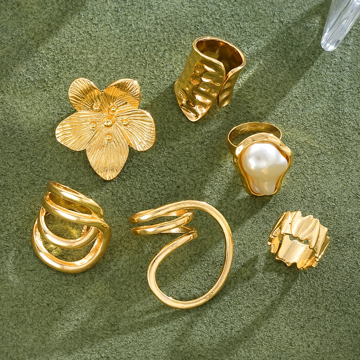 6pc Imitation Pearl & Flower Ring Set