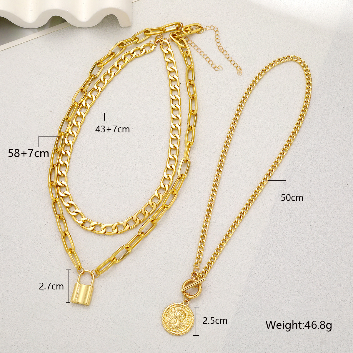 3pc Coin & Lock Pendant Chain Necklace Set
