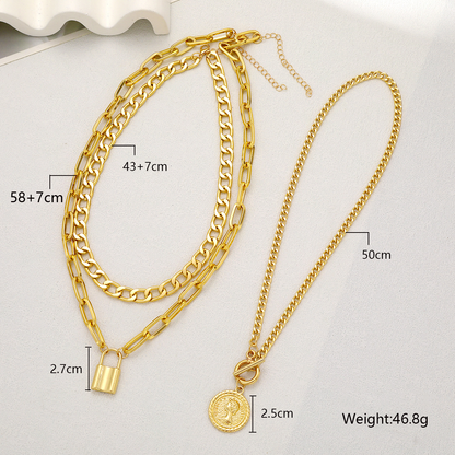 3pc Coin & Lock Pendant Chain Necklace Set