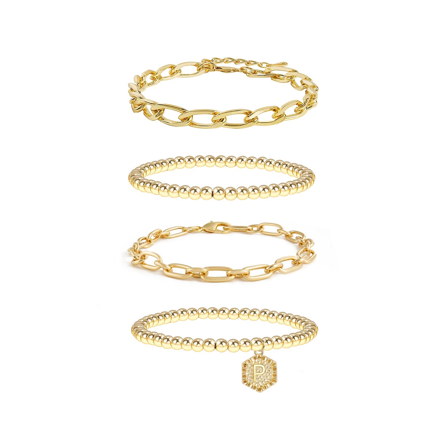 5pc Gold Beaded Chain Bracelet Set with Initial Charm