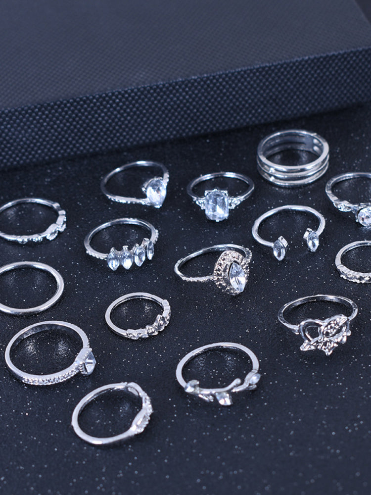 15pc Silver Crystal Statement Ring Set