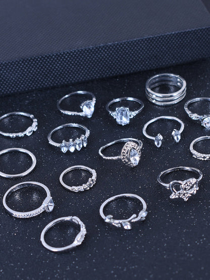 15pc Silver Crystal Statement Ring Set
