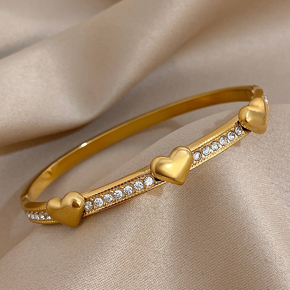 3-Heart Gold Bangle Bracelet