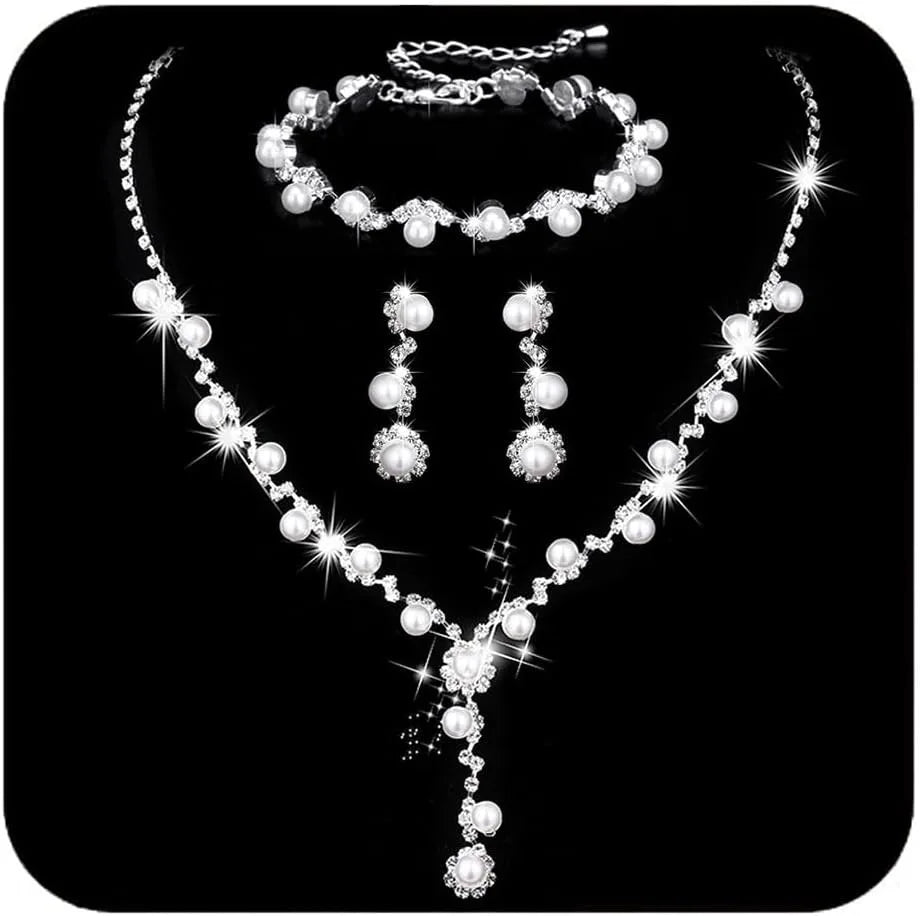 4pc Pearl Rhinestone Bridal Jewelry Set
