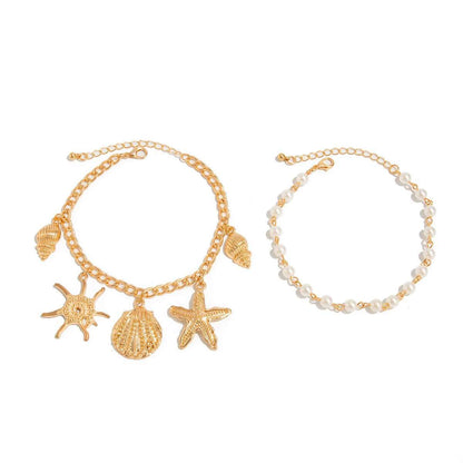 2pc Starfish & Pearl Anklet Set