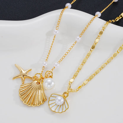 Layered Pearl Seashell Charm Necklace