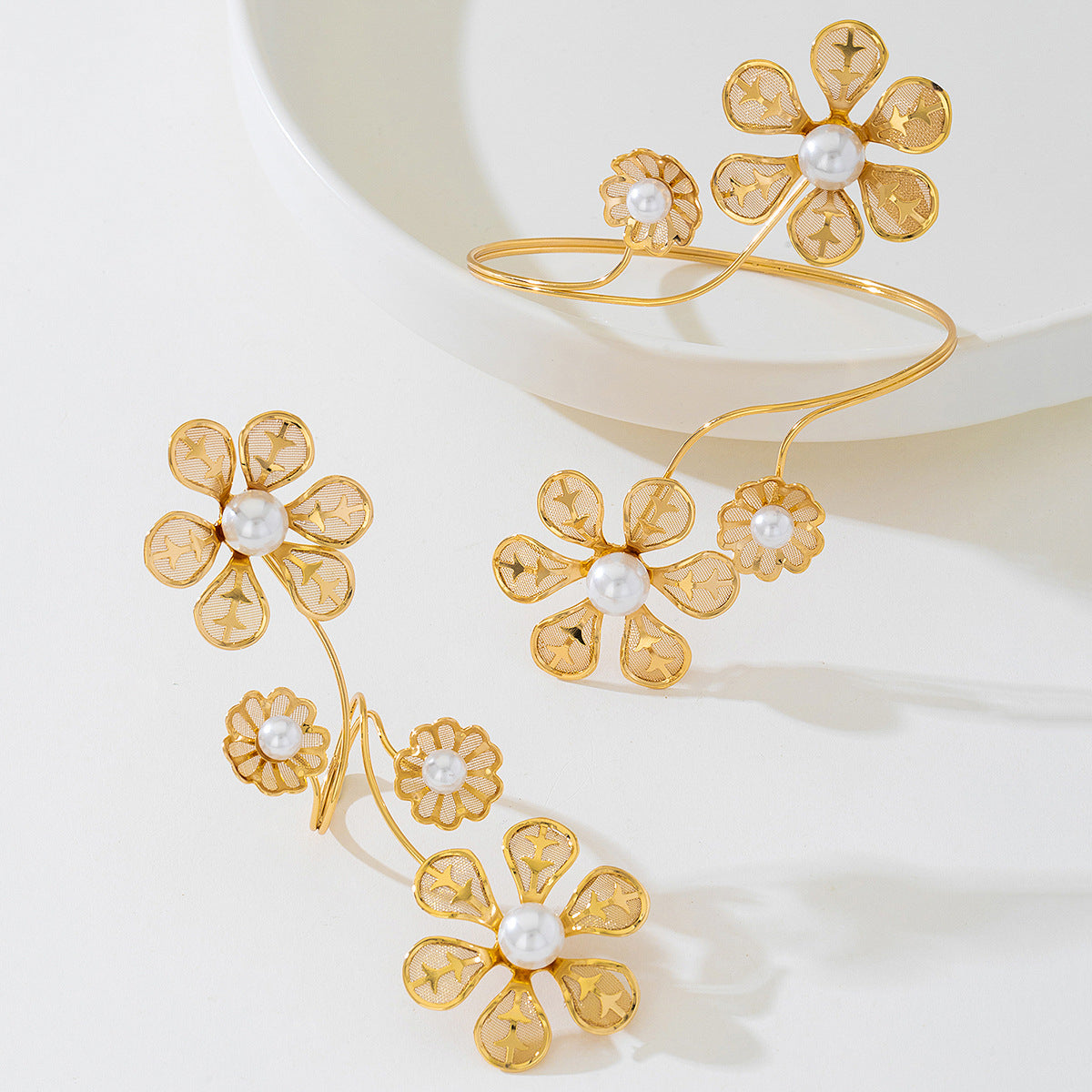 Punk Pearl Flower Bangle & Ring Set