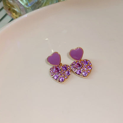 Purple Crystal Heart Drop Earrings