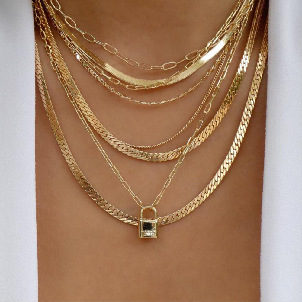 Multi-Layer Gold Chain Lock Necklace Set
