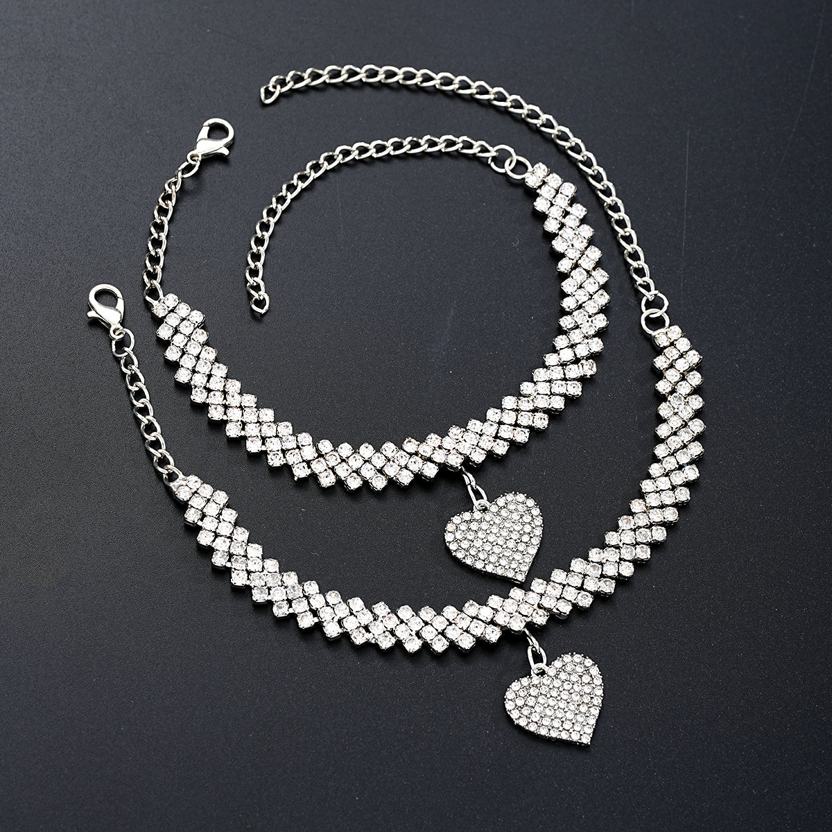 2pc Rhinestone Heart Anklet & Bracelet Set