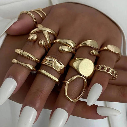 14pc Gold Punk Geometric Ring Set