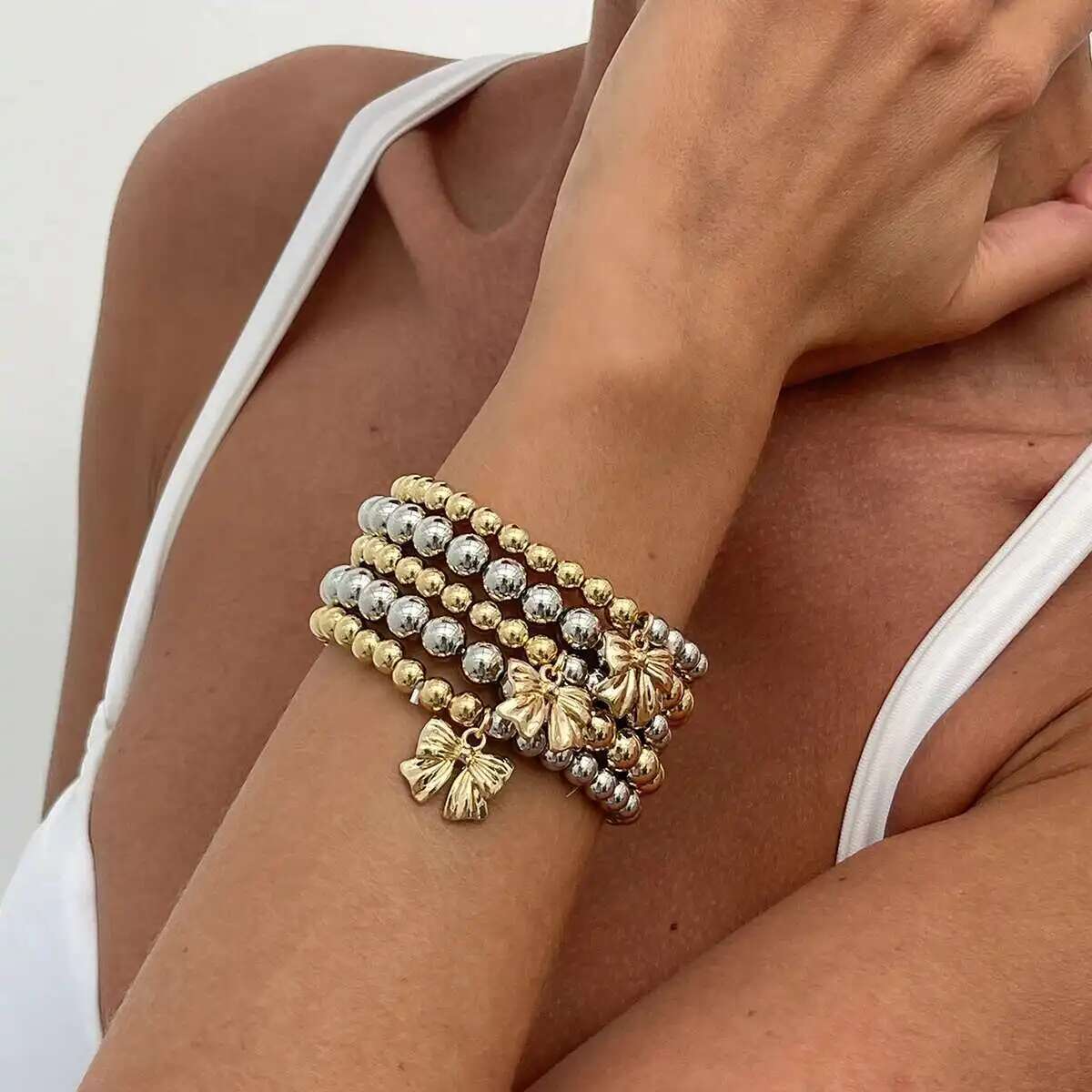 5pc Gold & Silver Beaded Bracelet Set