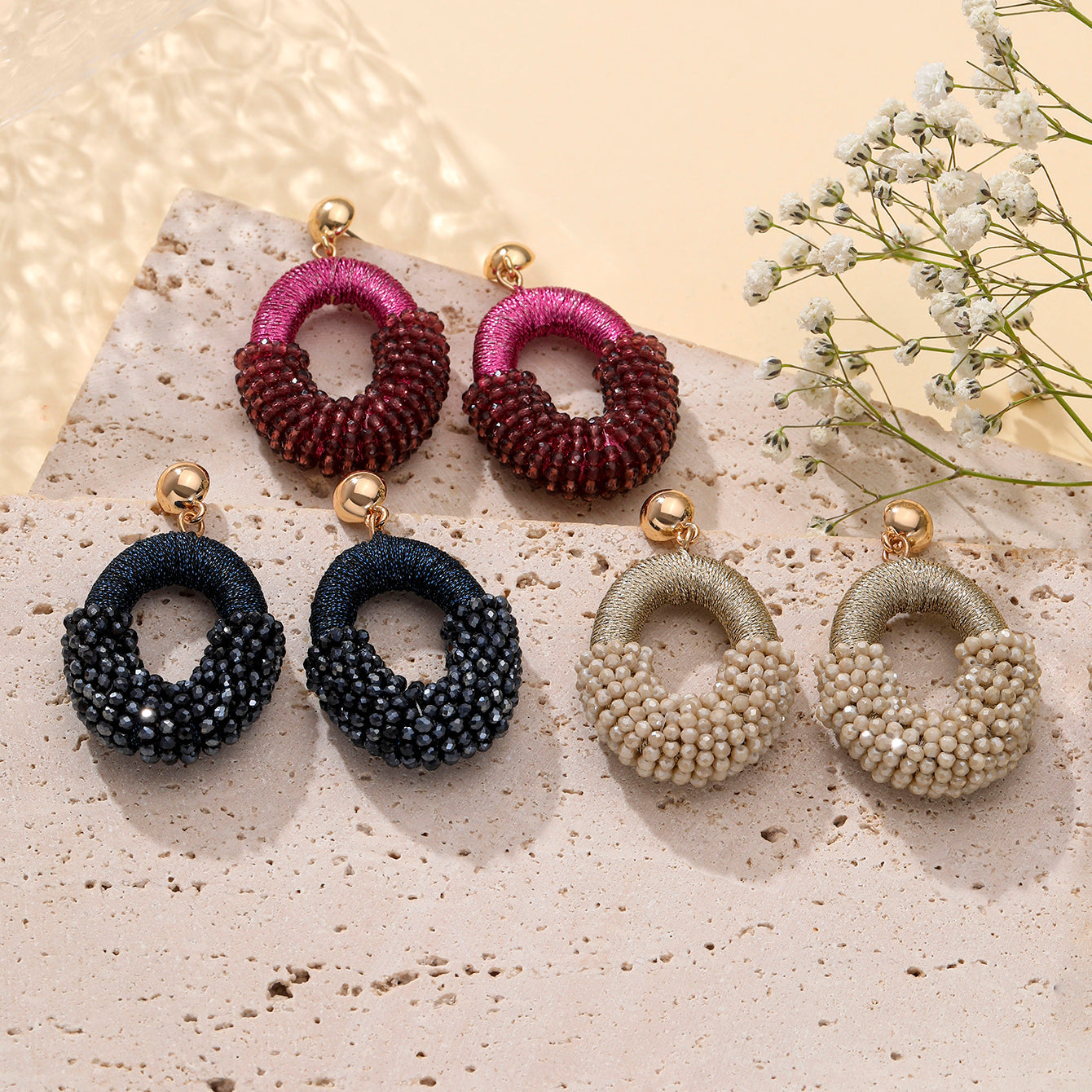 Beaded Gold Cluster Stud Earrings