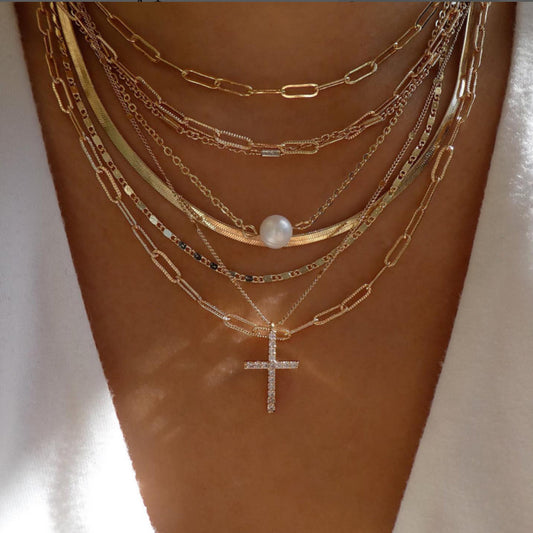 7pc Cross & Pearl Layered Necklace Set