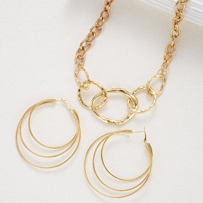 Chunky Hammered Link Necklace & Hoop Earring Set