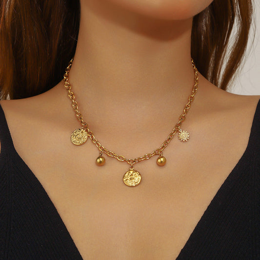 Chunky Gold Chain Necklace with Coin & Bead Charms