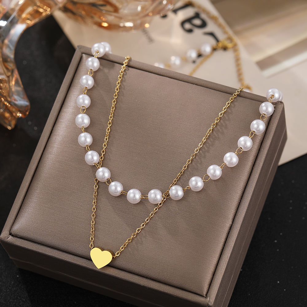 2pc Pearl and Heart Pendant Necklace Set