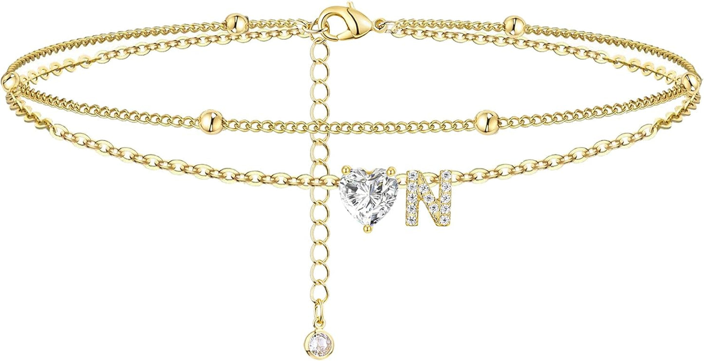 Gold Heart Charm Initial Anklet