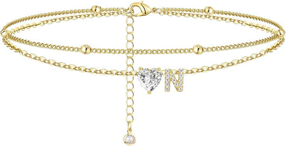 Gold Heart Charm Initial Anklet