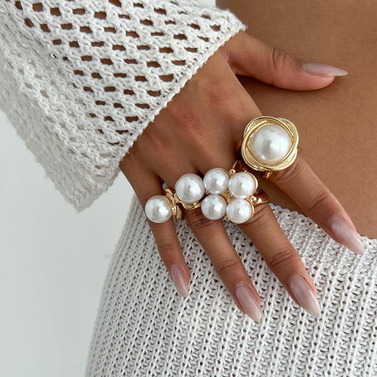 3pc Vintage Gold & Silver Pearl Ring Set